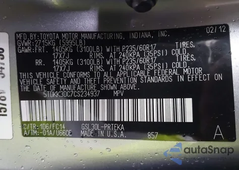 2012 Toyota Sienna Le V6 8 Passenger from USA, damaged, VIN 5TDKK3DC7CS234937